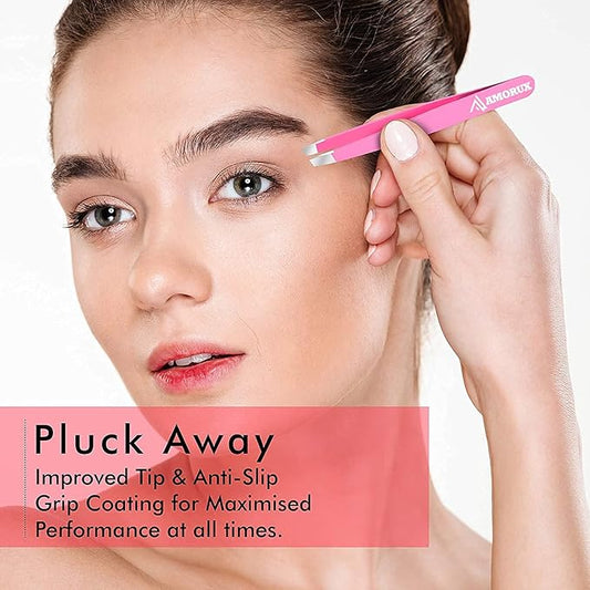 Professional Slanted Tweezer for Facial Hair Women & Men Stainless Steel Precision Tweezers for Ingrown Hair (Pink)