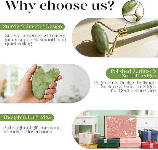 BAIMEI IcyMe Natural Jade Gua Sha and Face Roller Set, Relieve Swelling Body Muscle Relaxing,Face,Jawline and Neck MassageSelf Care Gift for Men Women - Green