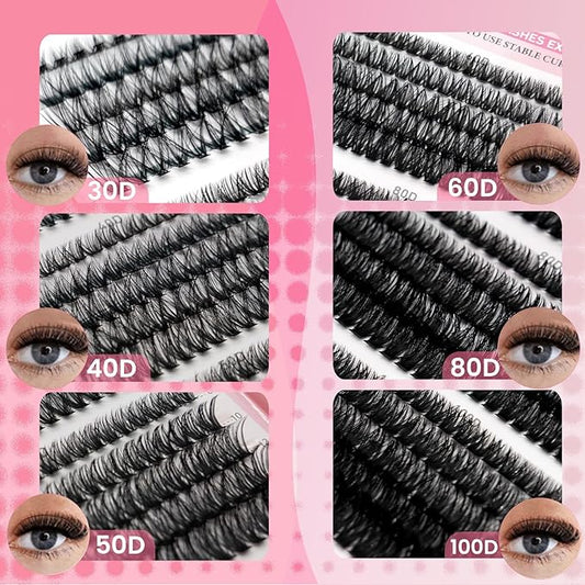 Cluster Lashes Kit 590Pcs Individual Eyelashes Book Natural Eye Lashes Book with Bond and Glue 8-16mm Eyelash Clusters D Curl Volume DIY Eye Lashes Extension kit (30+40+50+60+80+100D)