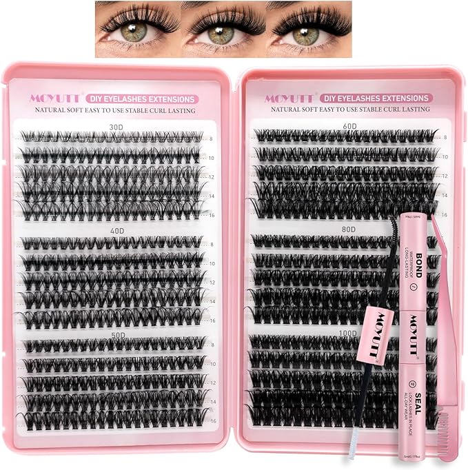 Cluster Lashes Kit 590Pcs Individual Eyelashes Book Natural Eye Lashes Book with Bond and Glue 8-16mm Eyelash Clusters D Curl Volume DIY Eye Lashes Extension kit (30+40+50+60+80+100D)