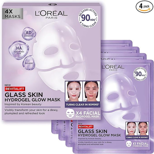 L'Oreal Paris Glass Skin Korean Face Mask 4 Pcs, Revitalift Filler Hydrogel Glow Mask, Korean Inspired Skincare, Visibly Transform Skin, Dewy, Plumped and Refreshed Look