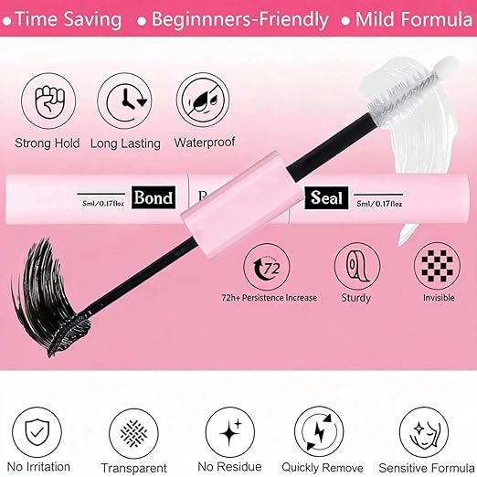 2PCS Lash Bond & Seal, Strong Hold 2-in-1 Latex-Based Eyelash Extension Glue for Individual & Cluster Lashes, Long Lasting Mascara Effect, DIY Lash Adhesive