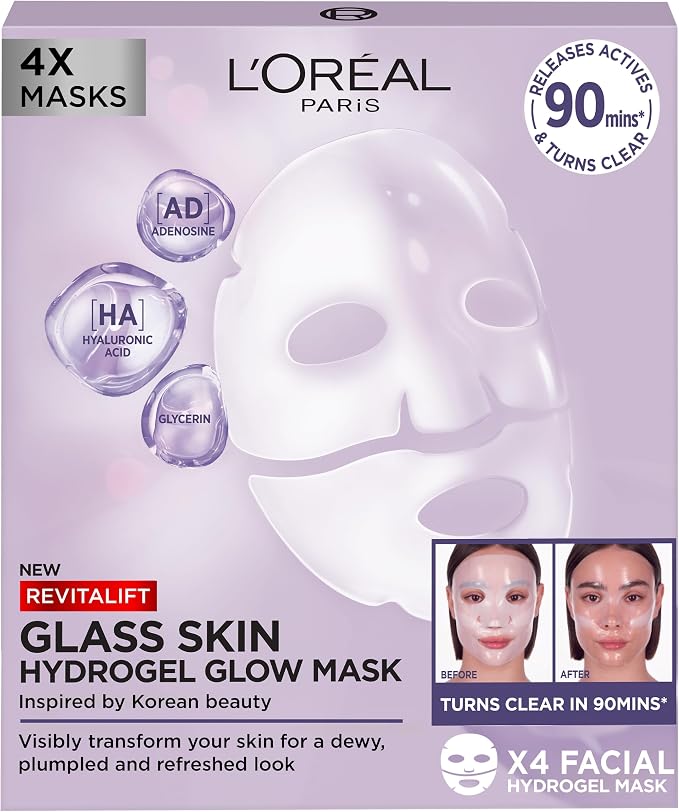 L'Oreal Paris Glass Skin Korean Face Mask 4 Pcs, Revitalift Filler Hydrogel Glow Mask, Korean Inspired Skincare, Visibly Transform Skin, Dewy, Plumped and Refreshed Look