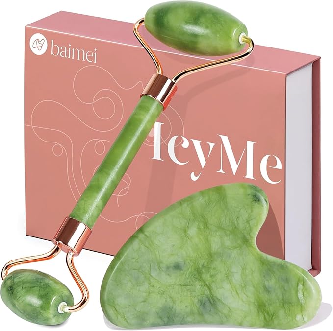 BAIMEI IcyMe Natural Jade Gua Sha and Face Roller Set, Relieve Swelling Body Muscle Relaxing,Face,Jawline and Neck MassageSelf Care Gift for Men Women - Green