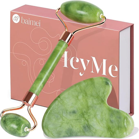 BAIMEI IcyMe Natural Jade Gua Sha and Face Roller Set, Relieve Swelling Body Muscle Relaxing,Face,Jawline and Neck MassageSelf Care Gift for Men Women - Green