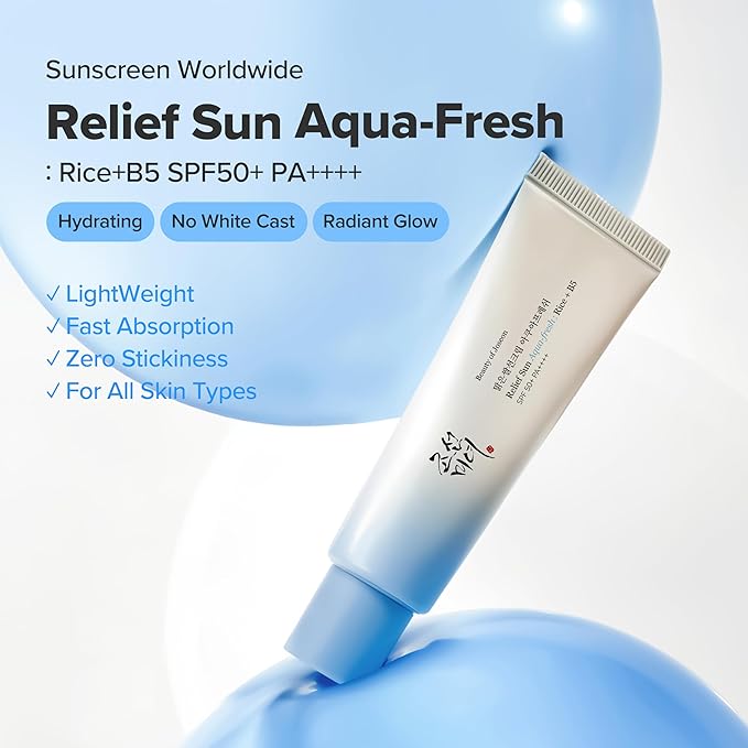 Beauty of Joseon Relief Sun Aqua-Fresh SPF 50+ PA++++ Rice + B5 Lightweight Hydrating Sunscreen for Oily Sensitive Skin Fast Absorbing No White Cast Daily UV Protection, Korean Skincare 50ml