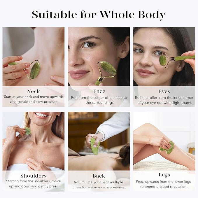 BAIMEI IcyMe Natural Jade Gua Sha and Face Roller Set, Relieve Swelling Body Muscle Relaxing,Face,Jawline and Neck MassageSelf Care Gift for Men Women - Green