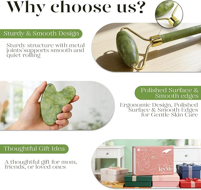 BAIMEI IcyMe Natural Jade Gua Sha and Face Roller Set, Relieve Swelling Body Muscle Relaxing,Face,Jawline and Neck MassageSelf Care Gift for Men Women - Green