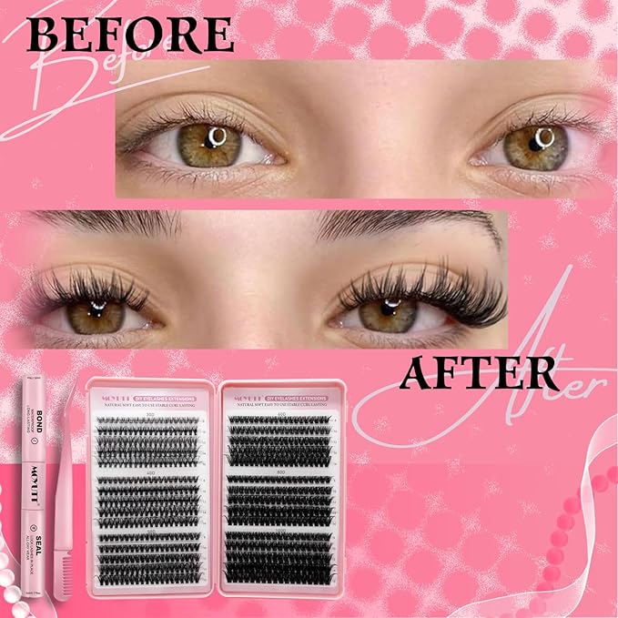 Cluster Lashes Kit 590Pcs Individual Eyelashes Book Natural Eye Lashes Book with Bond and Glue 8-16mm Eyelash Clusters D Curl Volume DIY Eye Lashes Extension kit (30+40+50+60+80+100D)