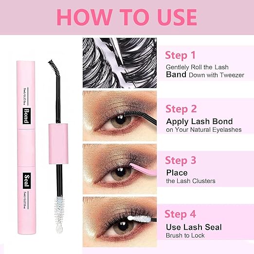 2PCS Lash Bond & Seal, Strong Hold 2-in-1 Latex-Based Eyelash Extension Glue for Individual & Cluster Lashes, Long Lasting Mascara Effect, DIY Lash Adhesive
