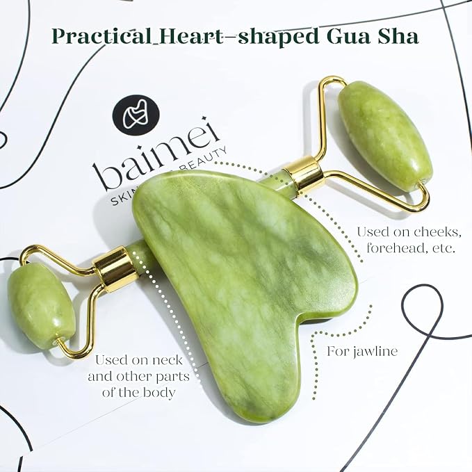 BAIMEI IcyMe Natural Jade Gua Sha and Face Roller Set, Relieve Swelling Body Muscle Relaxing,Face,Jawline and Neck MassageSelf Care Gift for Men Women - Green