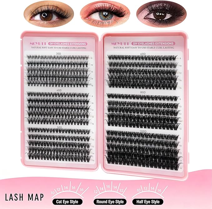 Cluster Lashes Kit 590Pcs Individual Eyelashes Book Natural Eye Lashes Book with Bond and Glue 8-16mm Eyelash Clusters D Curl Volume DIY Eye Lashes Extension kit (30+40+50+60+80+100D)