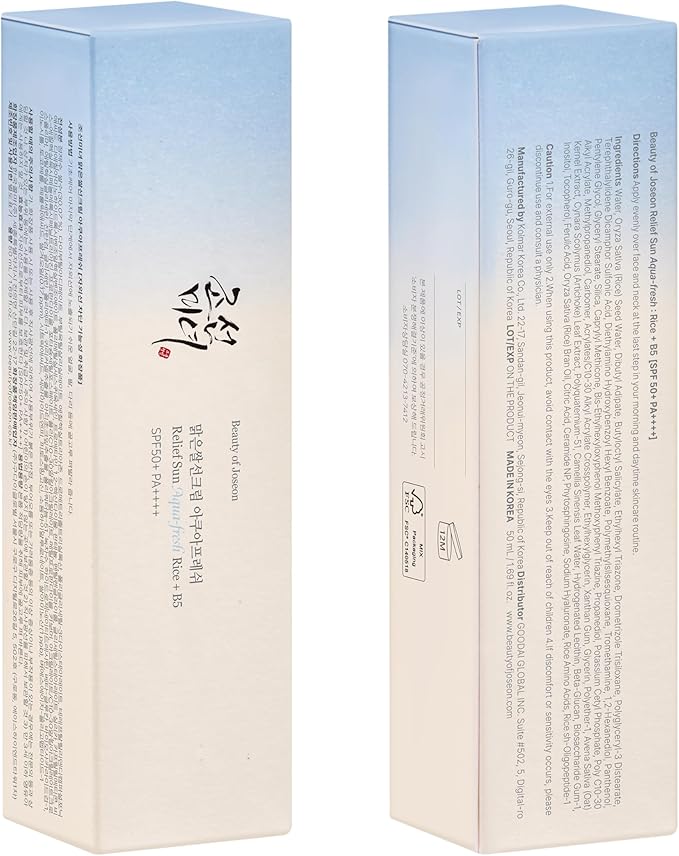 Beauty of Joseon Relief Sun Aqua-Fresh SPF 50+ PA++++ Rice + B5 Lightweight Hydrating Sunscreen for Oily Sensitive Skin Fast Absorbing No White Cast Daily UV Protection, Korean Skincare 50ml